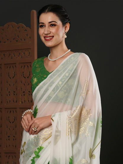 Women's Georgette White Printed Designer Saree With Blouse Piece