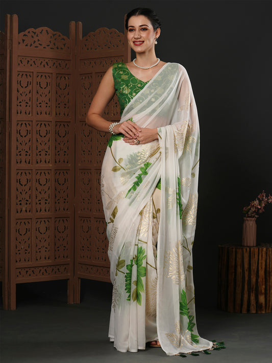 Women's Georgette White Printed Designer Saree With Blouse Piece