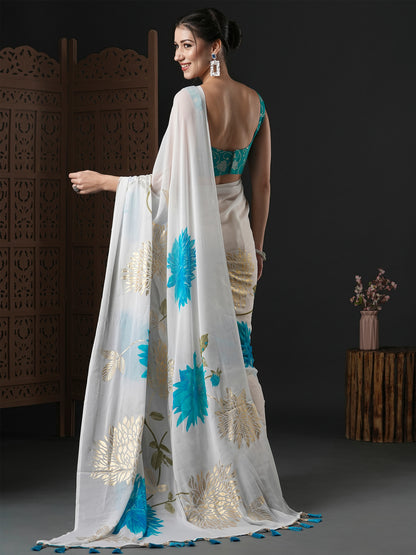 Women's Georgette White Printed Designer Saree With Blouse Piece