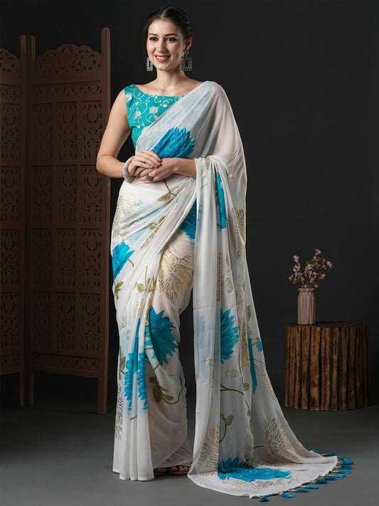 Women's Georgette White Printed Designer Saree With Blouse Piece