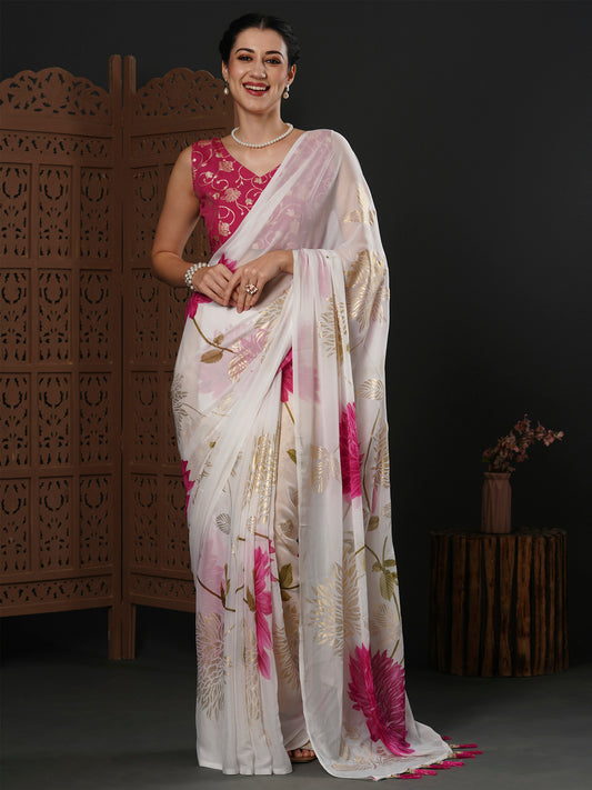 Women's Georgette White Printed Designer Saree With Blouse Piece