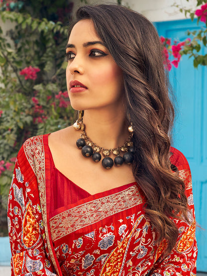 Women's Muga Silk Red Printed Designer Saree With Blouse Piece