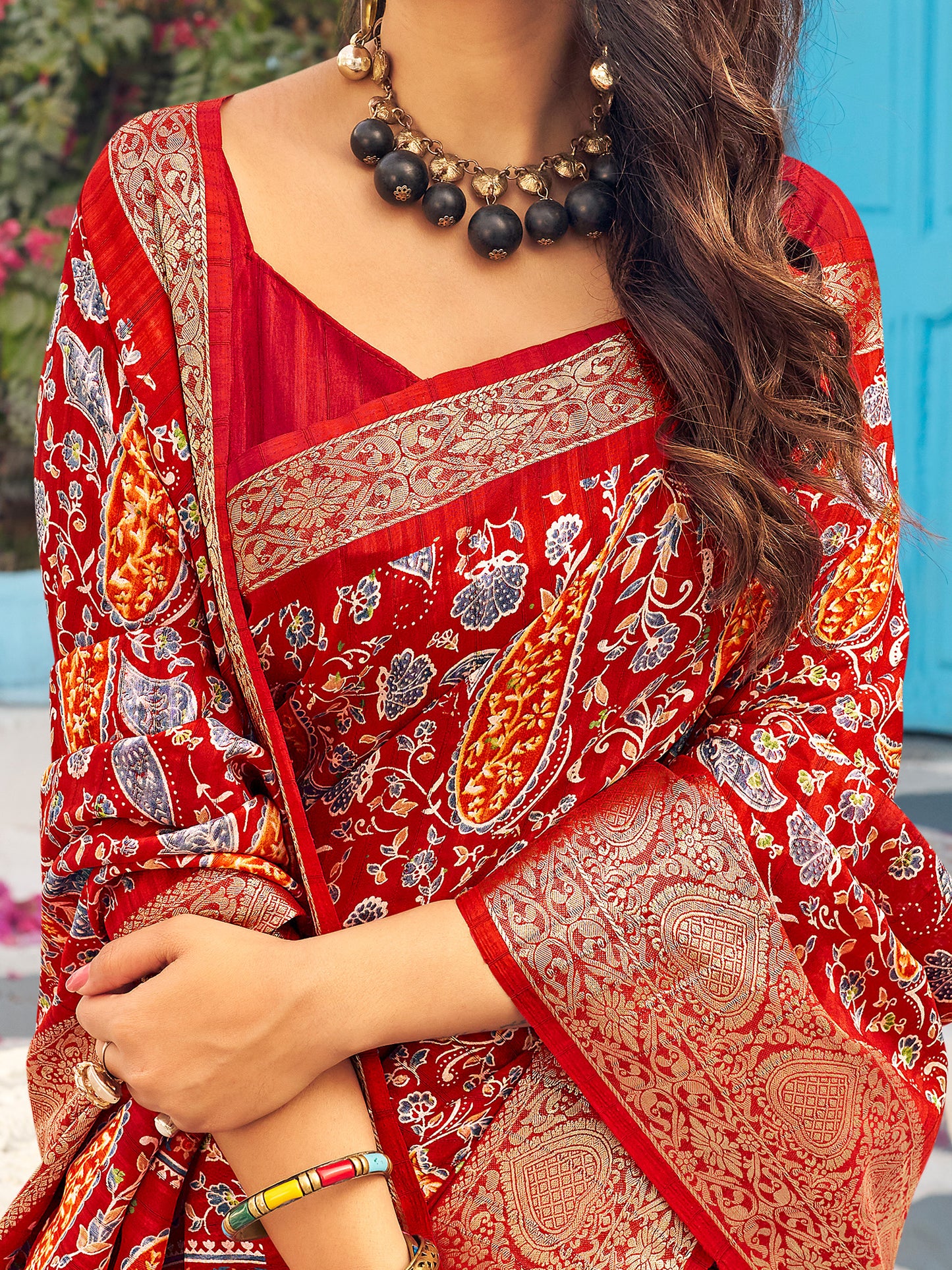 Women's Muga Silk Red Printed Designer Saree With Blouse Piece