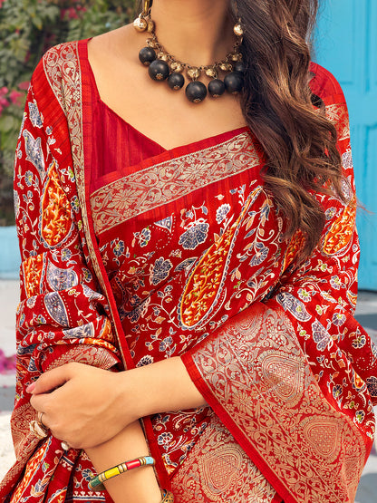 Women's Muga Silk Red Printed Designer Saree With Blouse Piece
