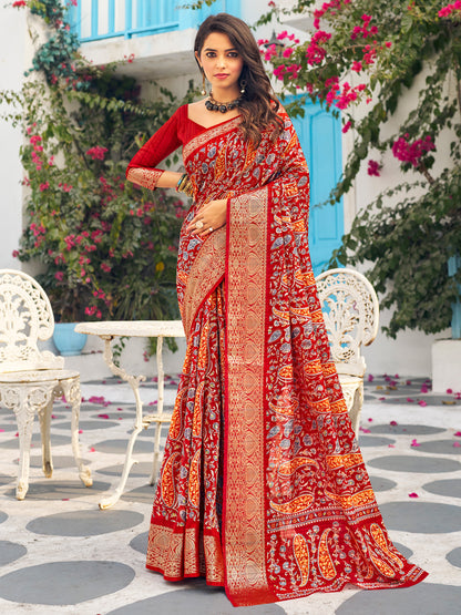 Women's Muga Silk Red Printed Designer Saree With Blouse Piece