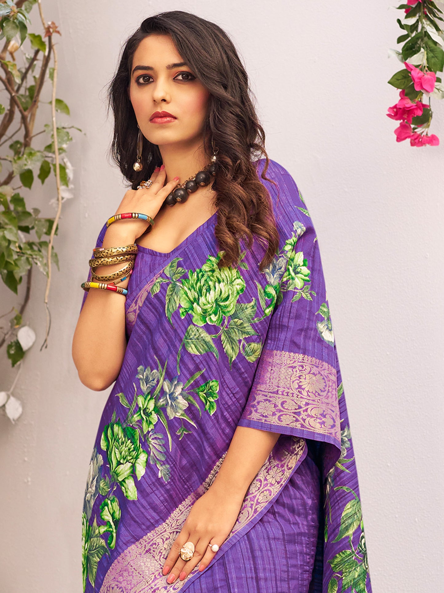 Women's Muga Silk Purple Printed Designer Saree With Blouse Piece