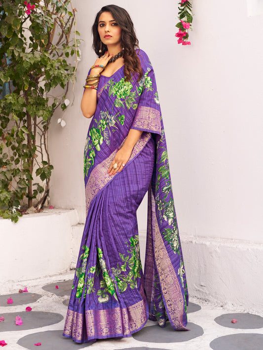Women's Muga Silk Purple Printed Designer Saree With Blouse Piece