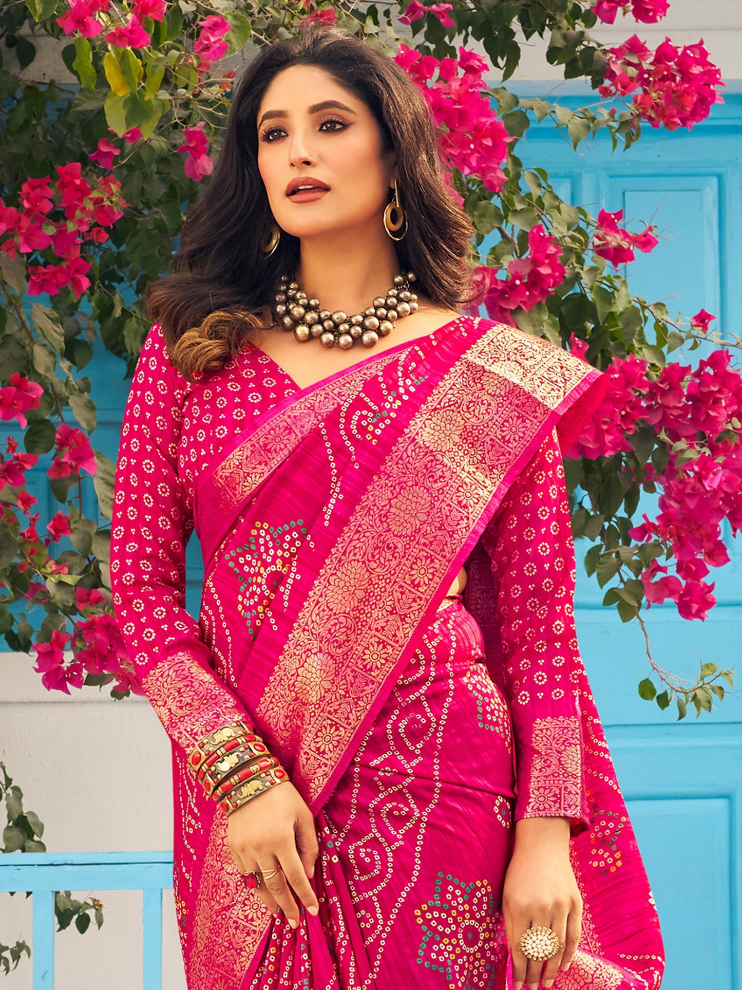 Women's Muga Silk Pink Printed Designer Saree With Blouse Piece