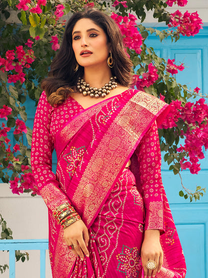 Women's Muga Silk Pink Printed Designer Saree With Blouse Piece