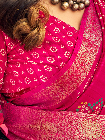 Women's Muga Silk Pink Printed Designer Saree With Blouse Piece