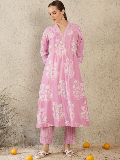 Women Floral Printed Pure Cotton A-Line Kurta with Trouser & Dupatta