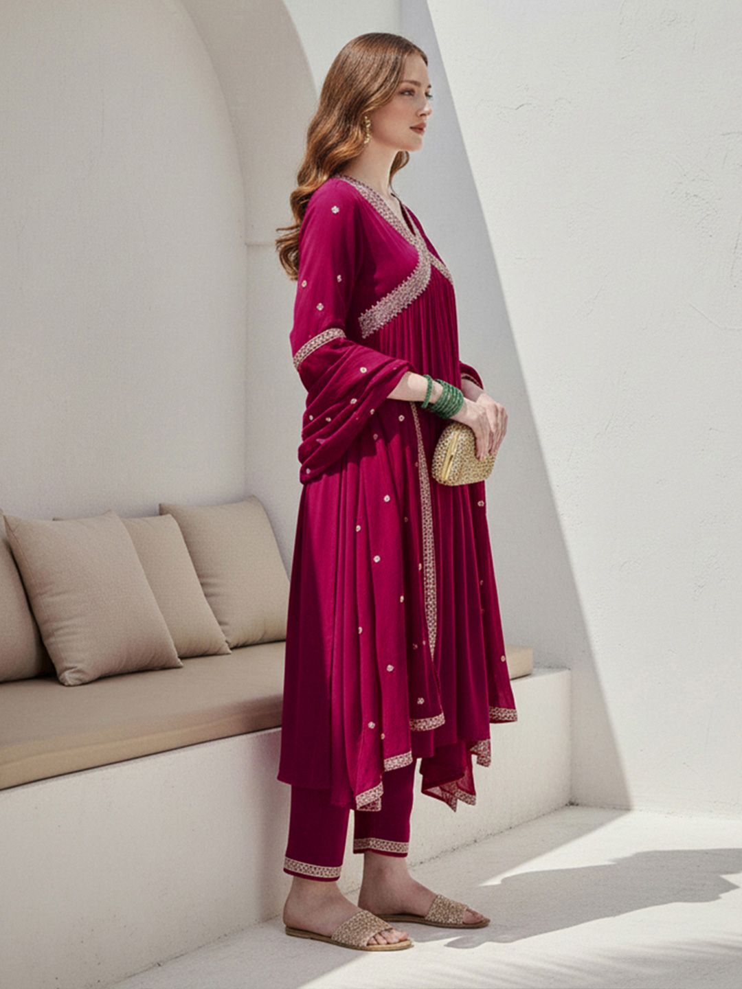 Dhiyona CH Women Ethnic Motifs Embroidered Panelled Thread Work Kurta with Trousers & With Dupatta