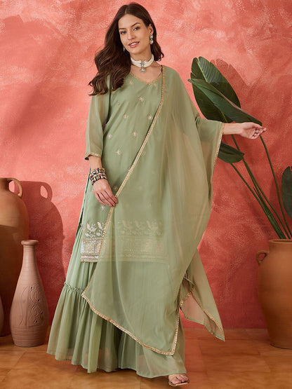 Dhiyona SN Women's Ethnic Motifs Embroidered V-Neck Kurta & Sharara With Dupatta