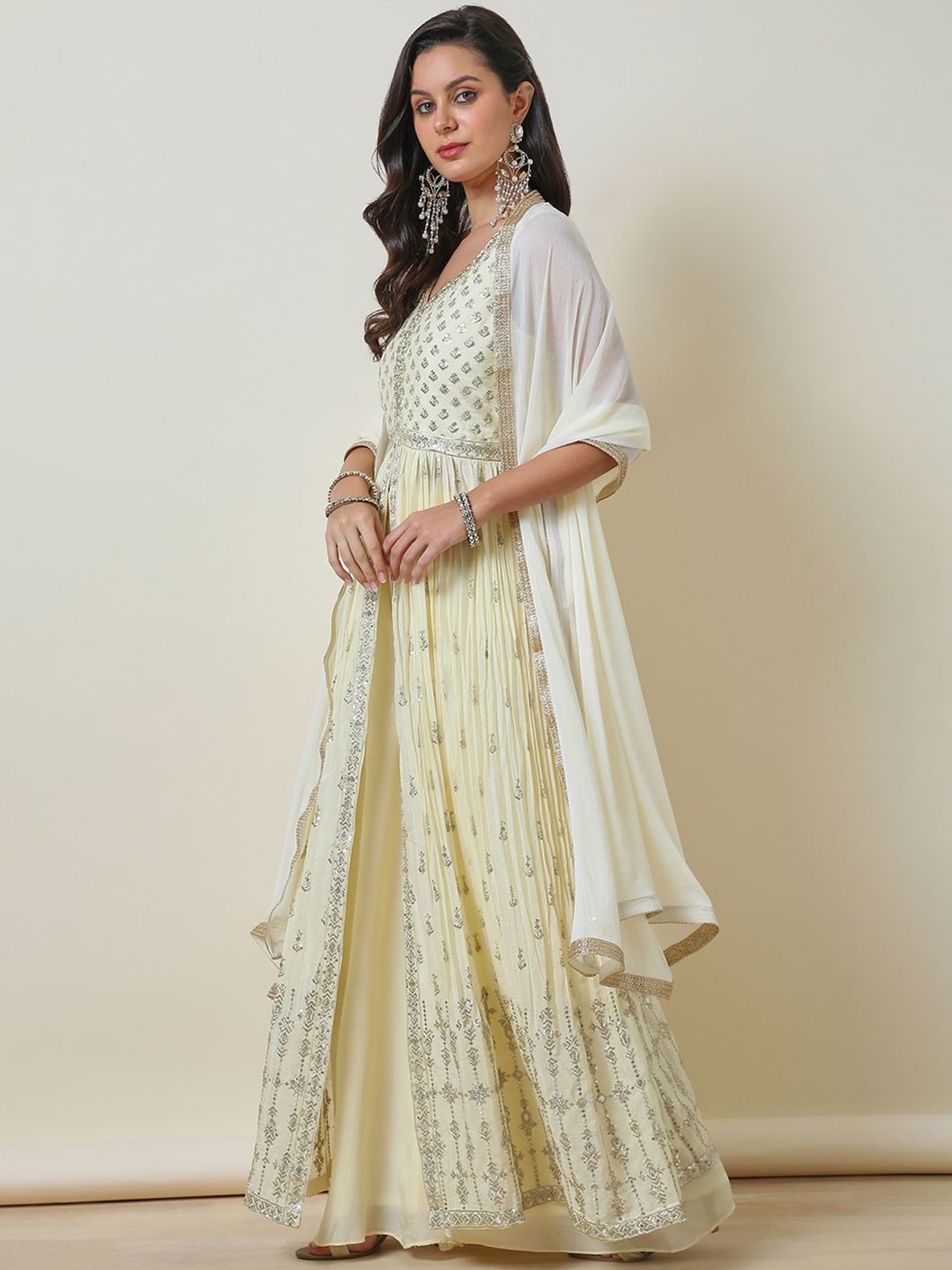 Dhiyona SO Women's Floral Printed Empire Sequinned Anarkali Kurta with Palazzos & Dupatta
