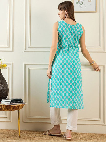 Dhiyona IE Ethnic Motifs Embroidered Round Neck Thread Work Cotton Straight Kurta