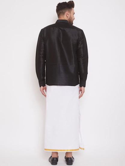 Men's Black Silk Blend Straight Shirt And Mundu