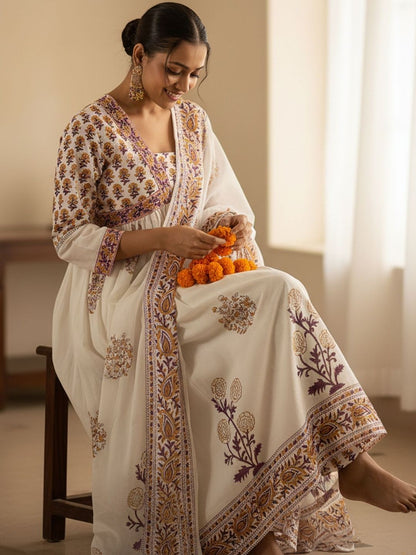 Ethnic Motifs Printed Empire Pure Cotton Anarkali Kurta With Trousers & Dupatta