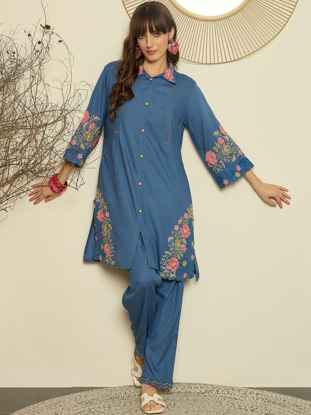 Dhiyona IE Women Embroidered Shirt Collar Top and Trousers Co-Ords