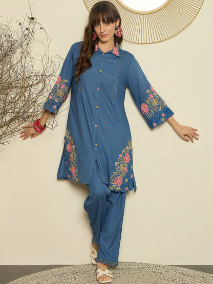 Dhiyona IE Women Embroidered Shirt Collar Top and Trousers Co-Ords