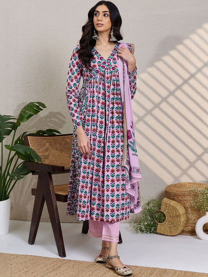 Women Floral Printed Empire Pure Cotton Kurta with Trousers & Dupatta