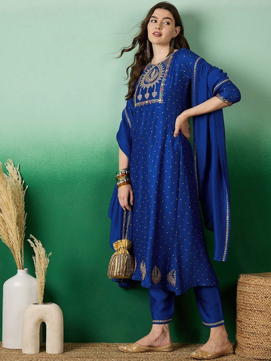 Women's Blue floral Embroidered A-Line Kurta & Trousers With Dupatta