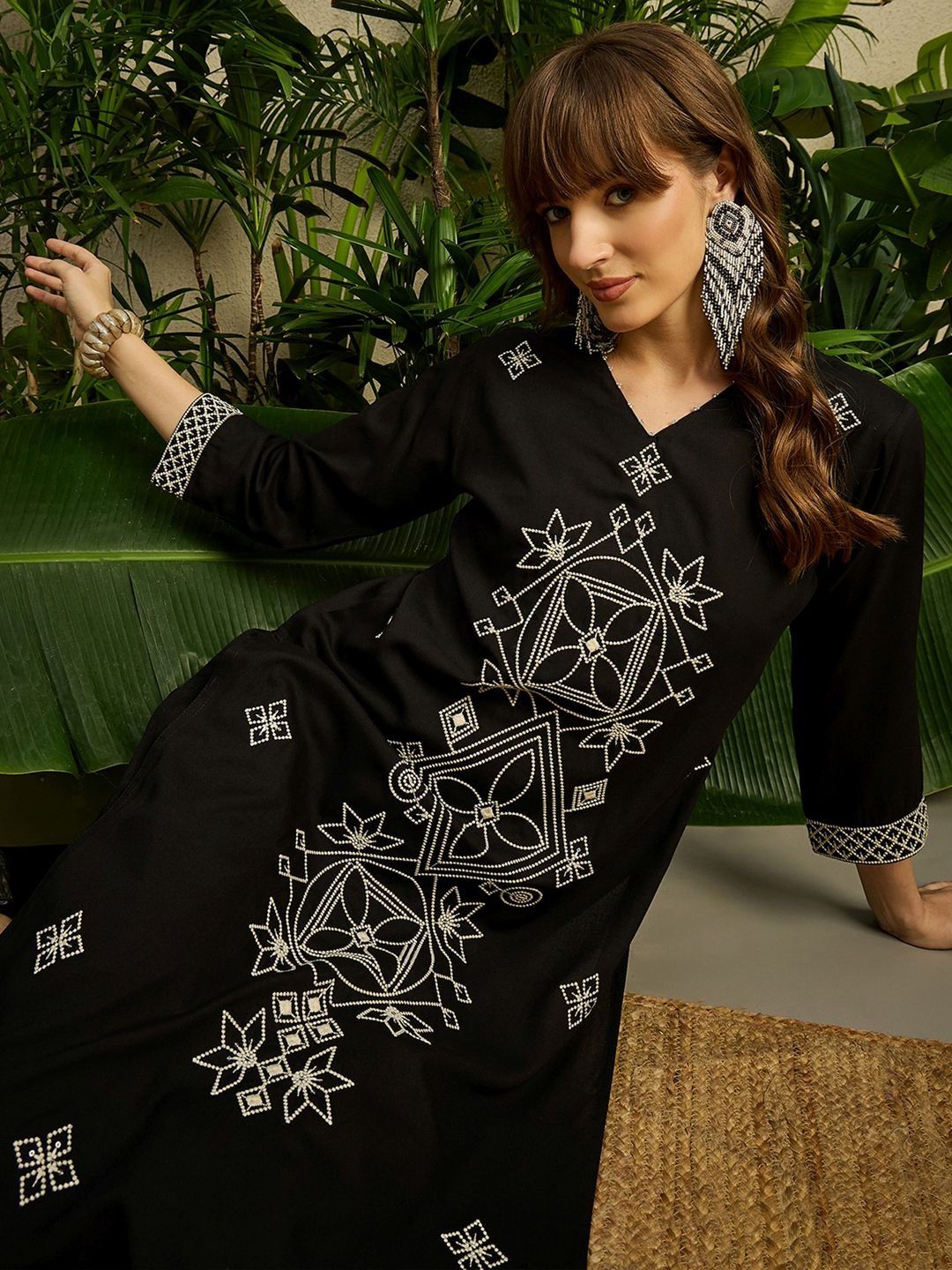 Women Embroidered Regular Thread Work Kurta with Trousers