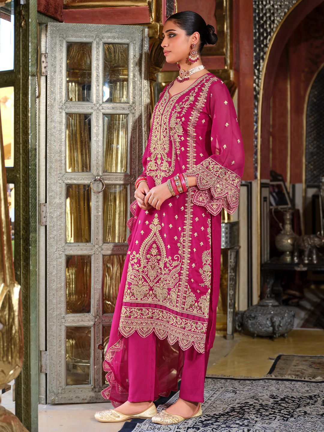 Ethnic Motifs Embroidered Zari Organza Straight Kurta & Trousers With Dupatta