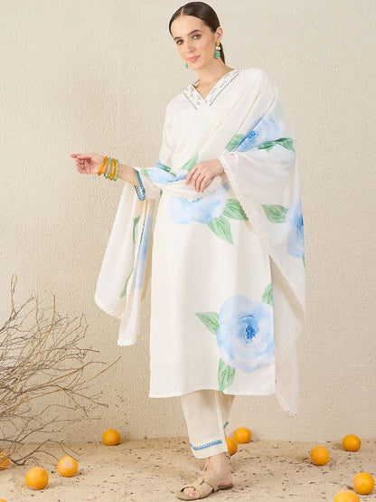 Women Floral Printed Regular Sequinned Linen Kurta with Trousers & Dupatta