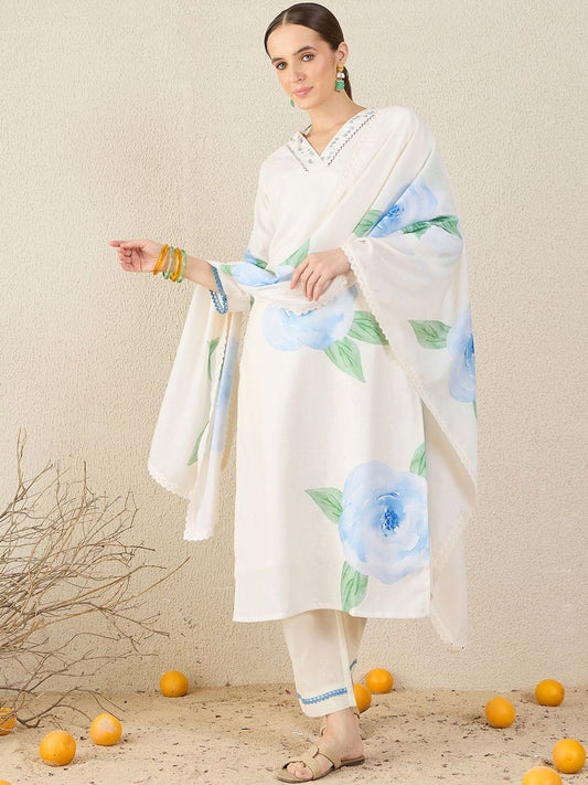 Women Floral Printed Regular Sequinned Linen Kurta with Trousers & Dupatta