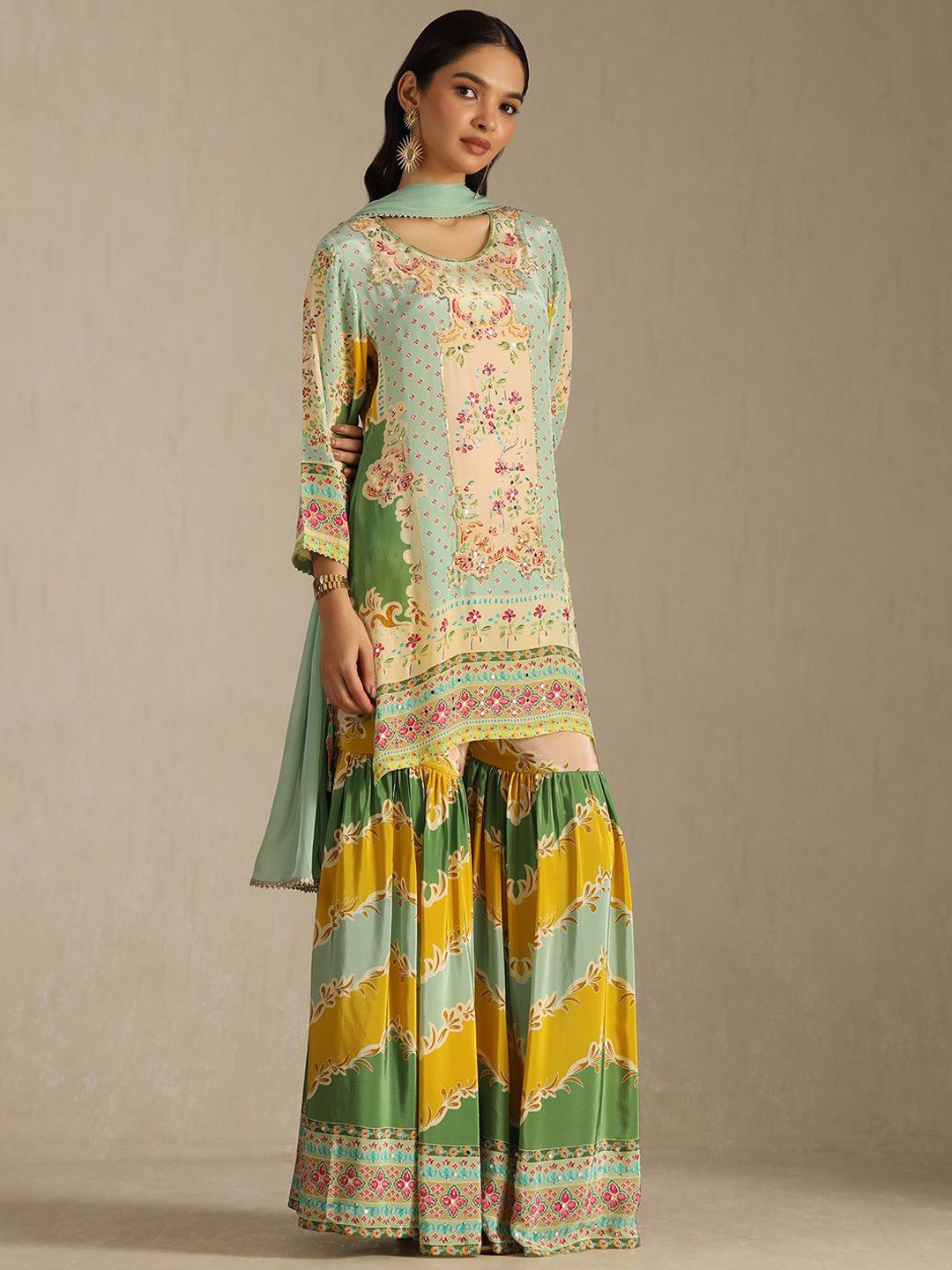 Dhiyona SO Women's Floral Printed Mirror Work Straight Kurta With Sharara & With Dupatta