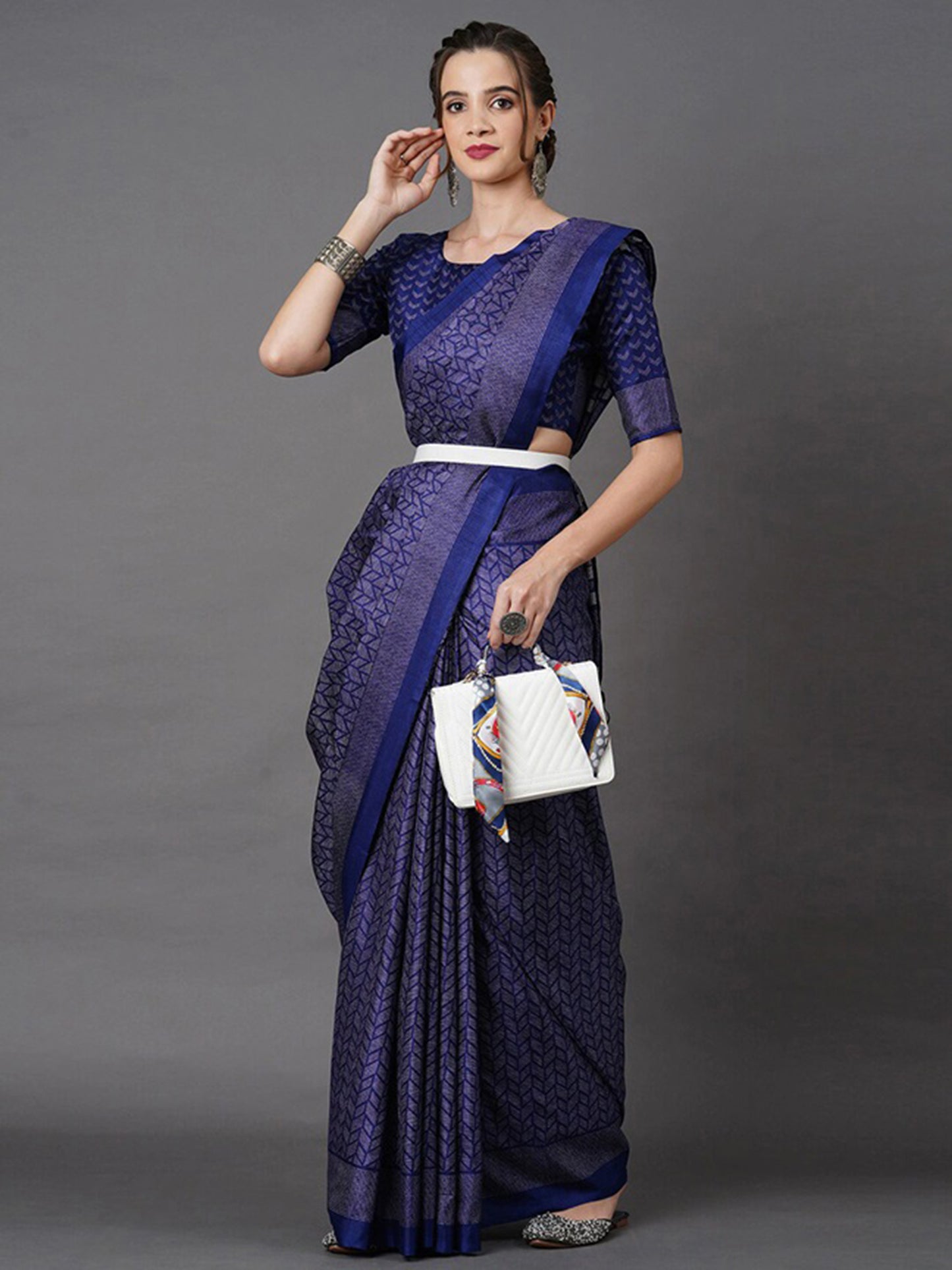 Women's Dola Silk Navy Blue Printed Designer Saree With Blouse Piece