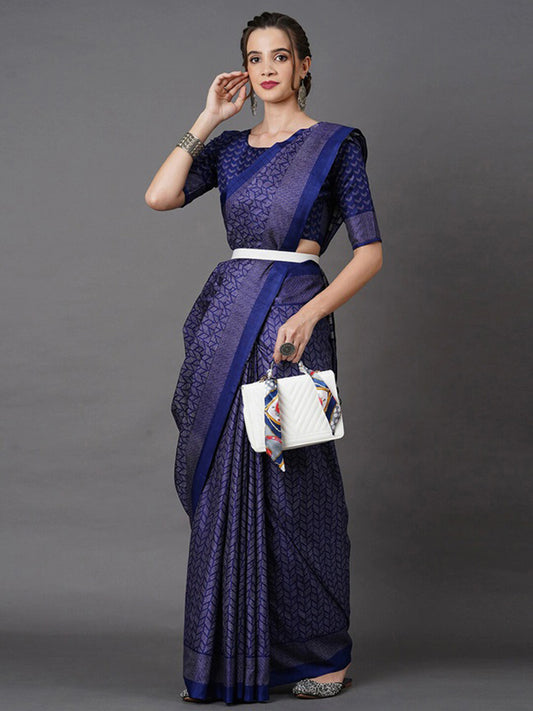 Women's Dola Silk Navy Blue Printed Designer Saree With Blouse Piece