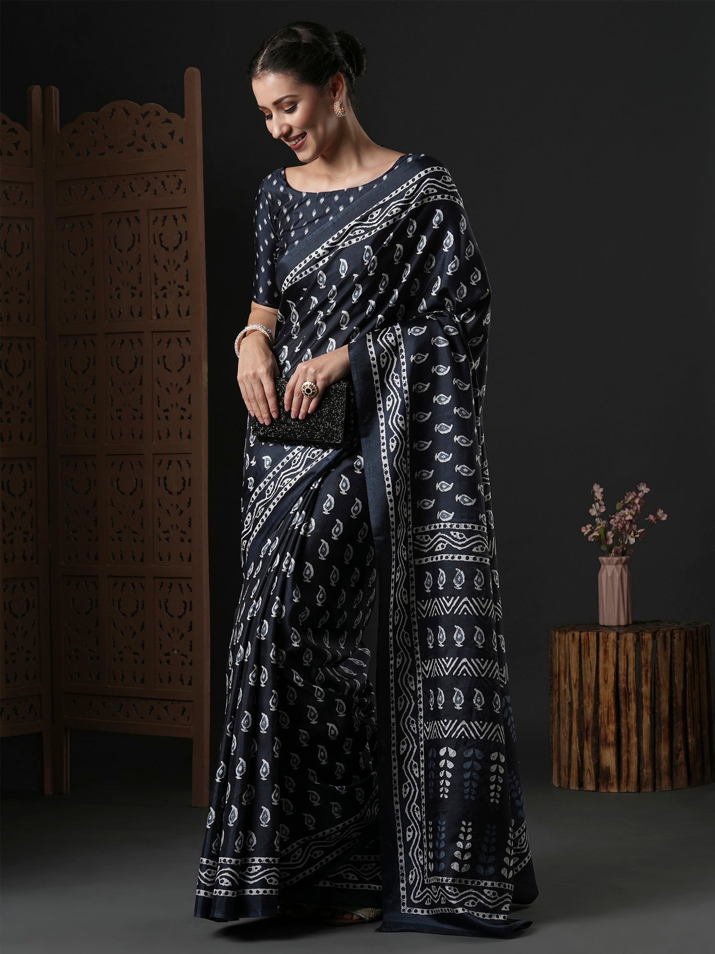 Women's Dola Silk Black Printed Designer Saree With Blouse Piece