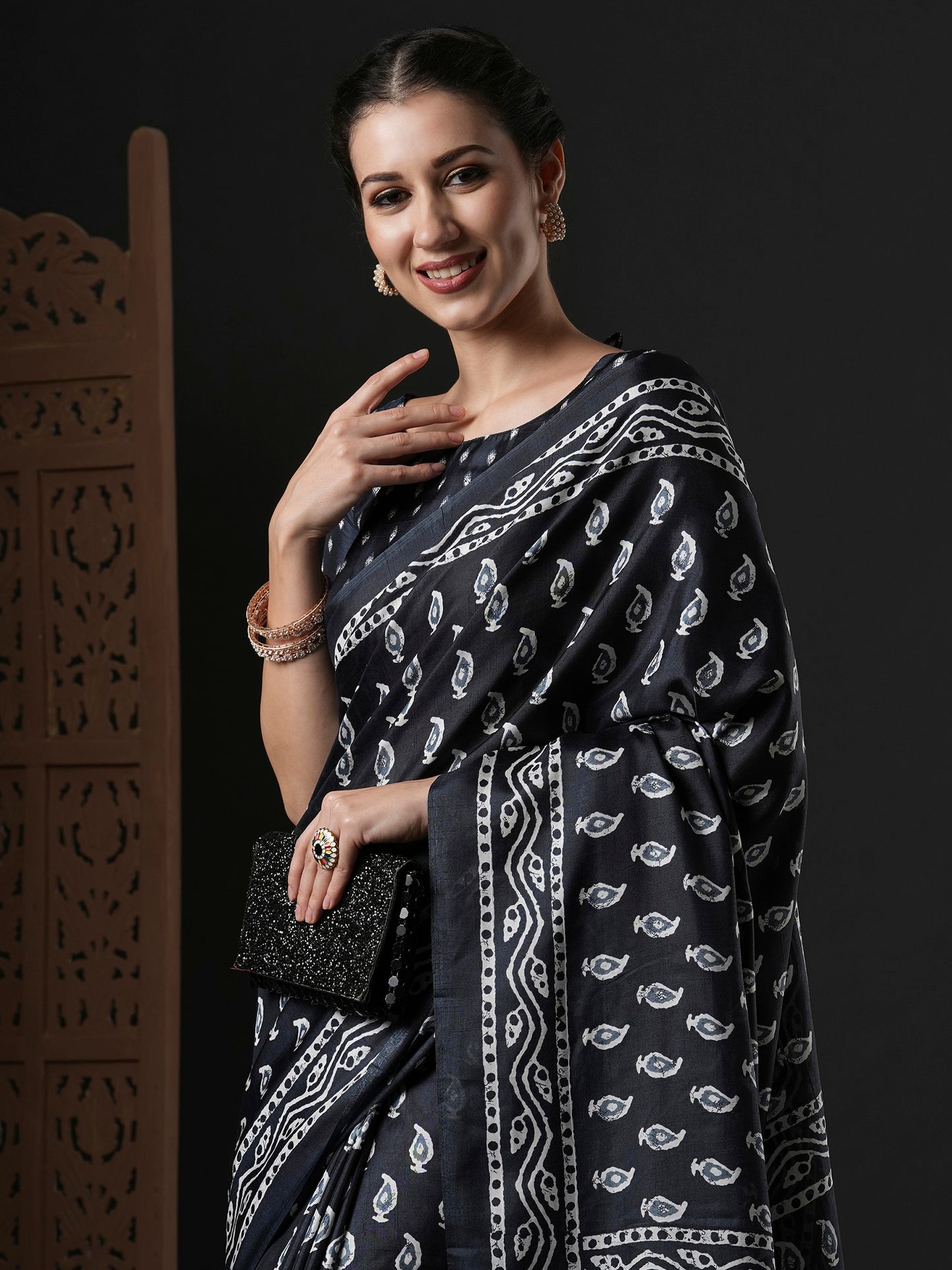 Women's Dola Silk Black Printed Designer Saree With Blouse Piece