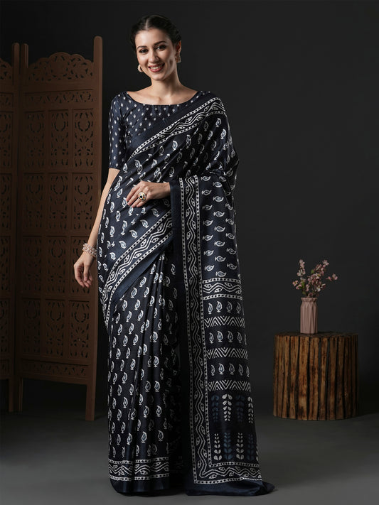 Women's Dola Silk Black Printed Designer Saree With Blouse Piece