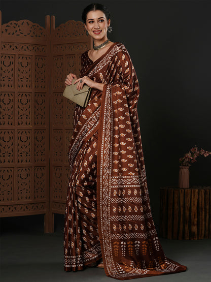 Women's Dola Silk Brown Printed Designer Saree With Blouse Piece