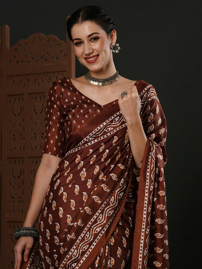 Women's Dola Silk Brown Printed Designer Saree With Blouse Piece