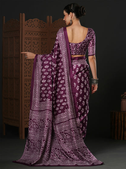 Women's Dola Silk Purple Printed Designer Saree With Blouse Piece