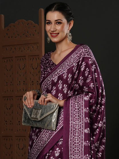 Women's Dola Silk Purple Printed Designer Saree With Blouse Piece