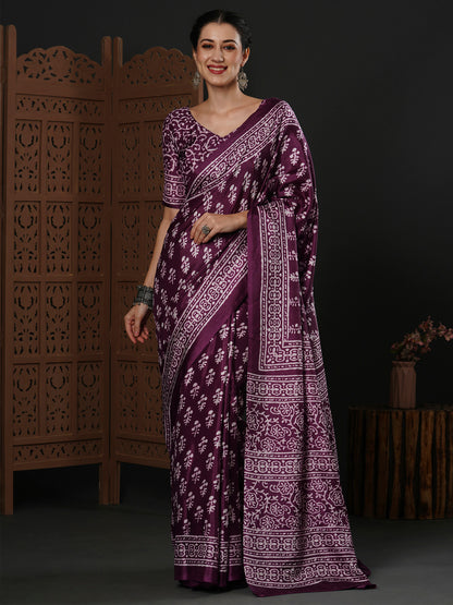 Women's Dola Silk Purple Printed Designer Saree With Blouse Piece
