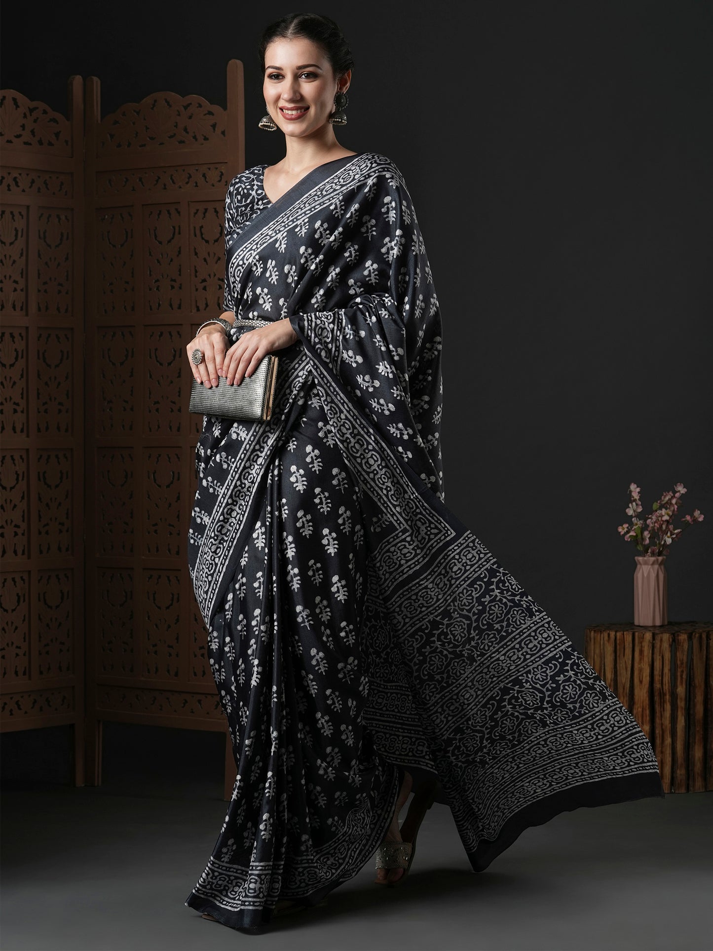 Women's Dola Silk Black Printed Designer Saree With Blouse Piece
