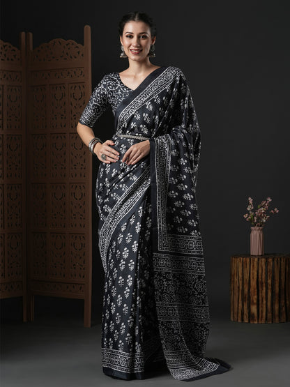 Women's Dola Silk Black Printed Designer Saree With Blouse Piece