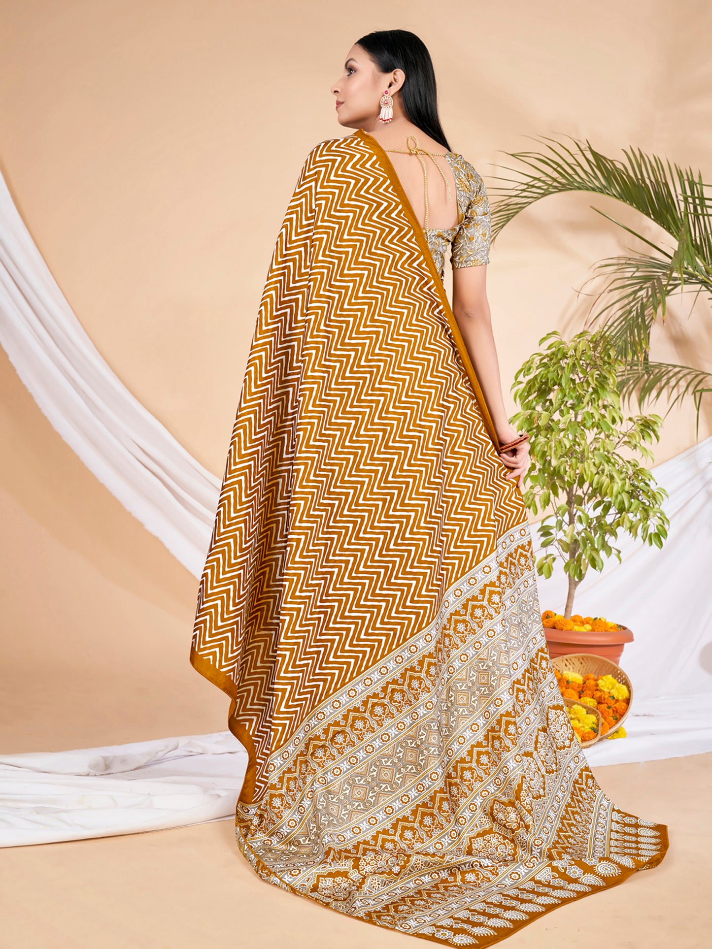 Women's Dola Silk Mustard Printed Designer Saree With Blouse Piece