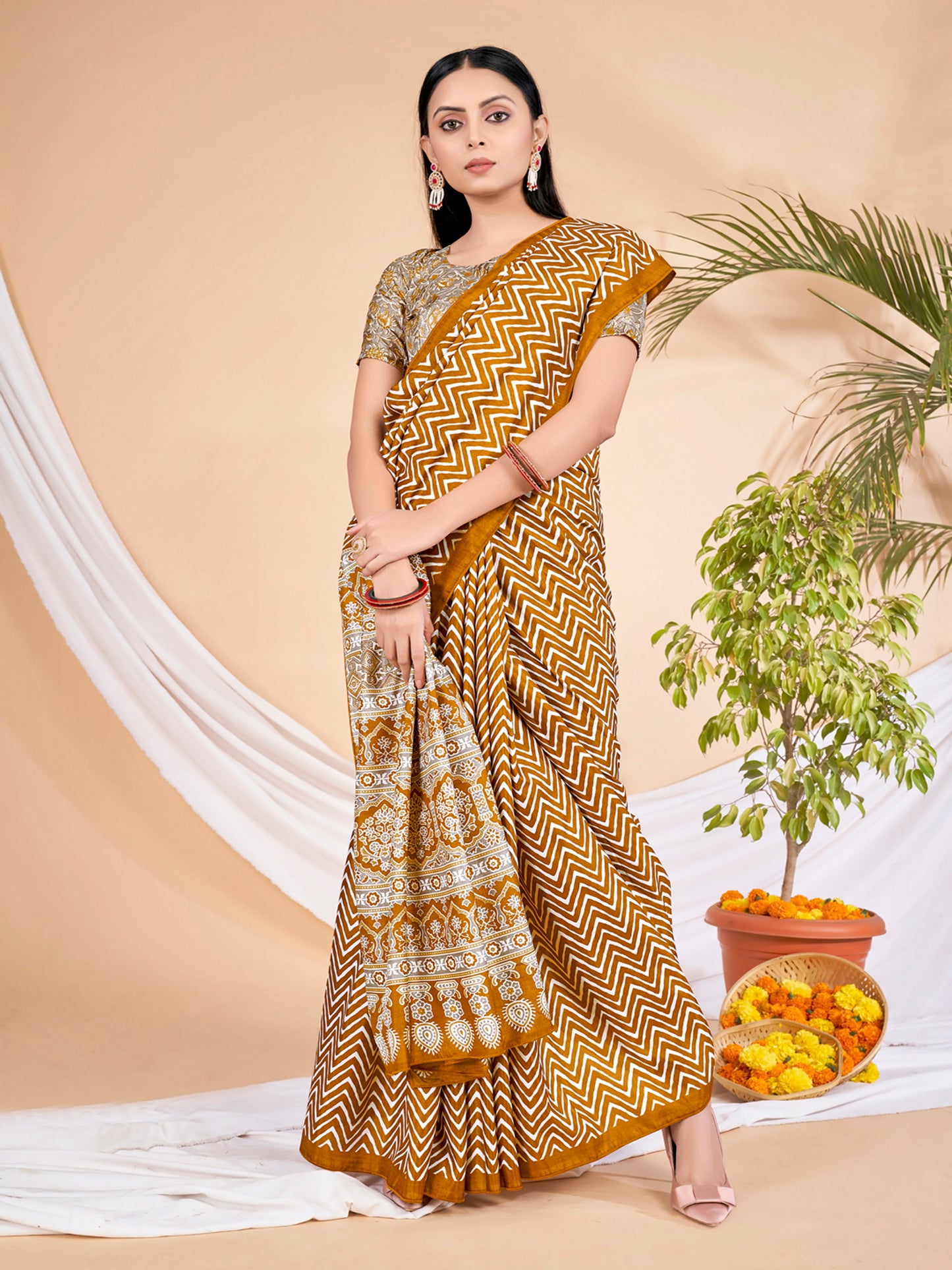 Women's Dola Silk Mustard Printed Designer Saree With Blouse Piece