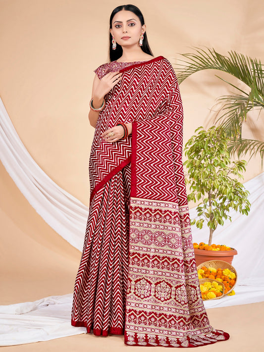 Women's Dola Silk Red Printed Designer Saree With Blouse Piece