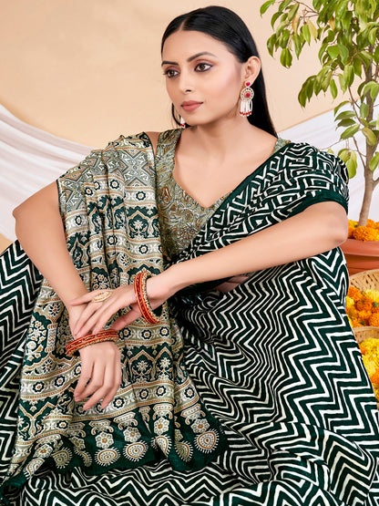 Women's Dola Silk Dark Green Printed Designer Saree With Blouse Piece