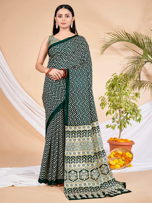 Women's Dola Silk Dark Green Printed Designer Saree With Blouse Piece