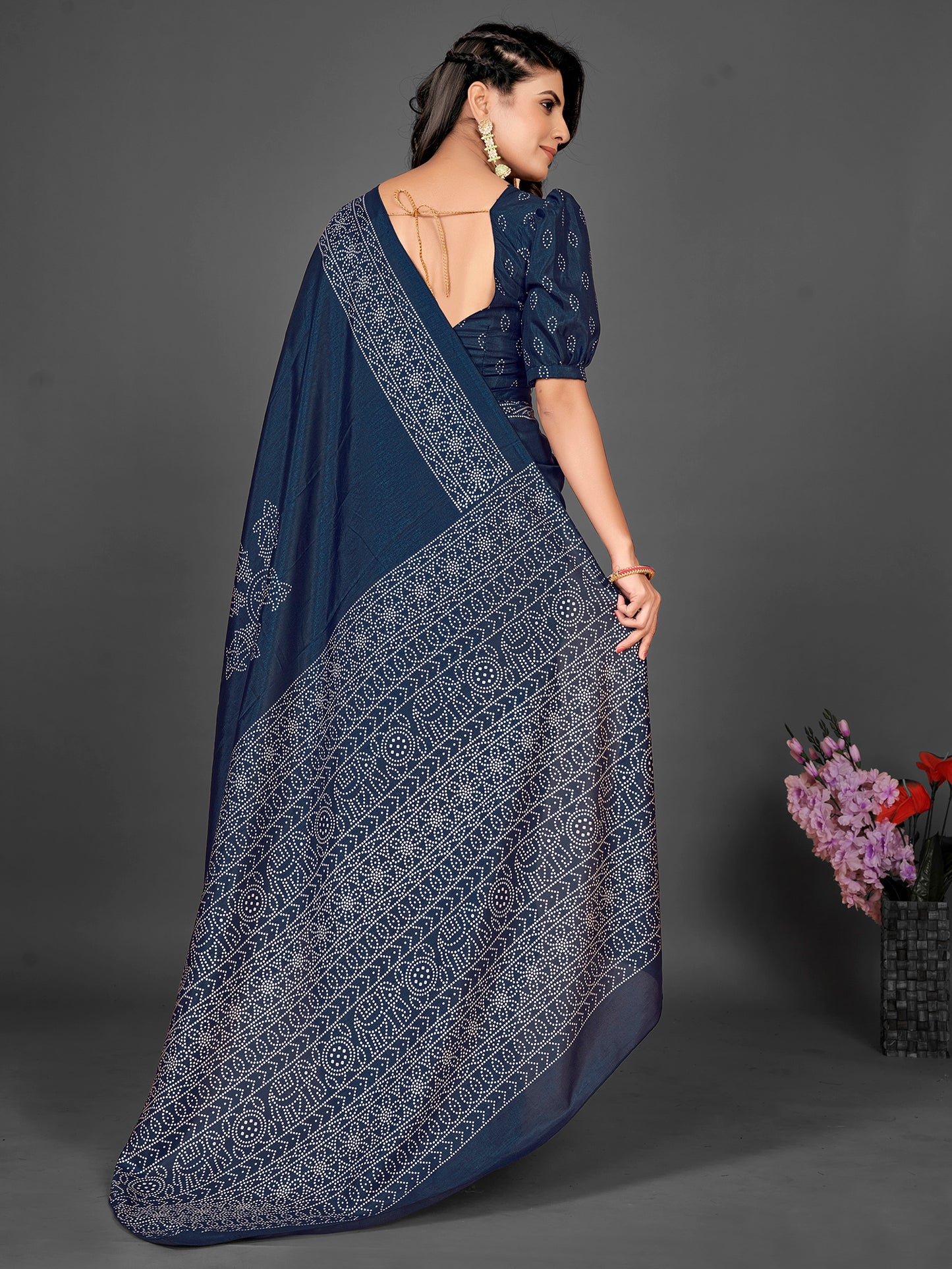 Women's Dola Silk Navy Blue Printed Designer Saree With Blouse Piece
