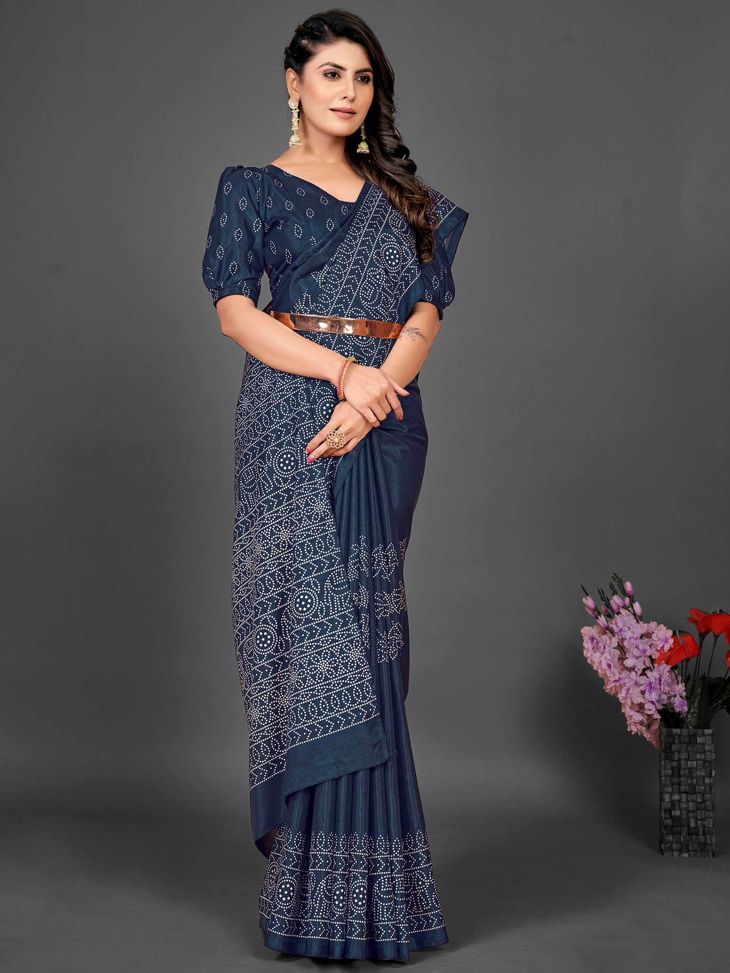 Women's Dola Silk Navy Blue Printed Designer Saree With Blouse Piece