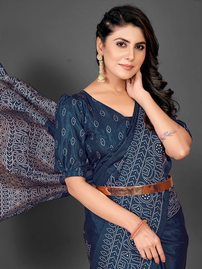 Women's Dola Silk Navy Blue Printed Designer Saree With Blouse Piece